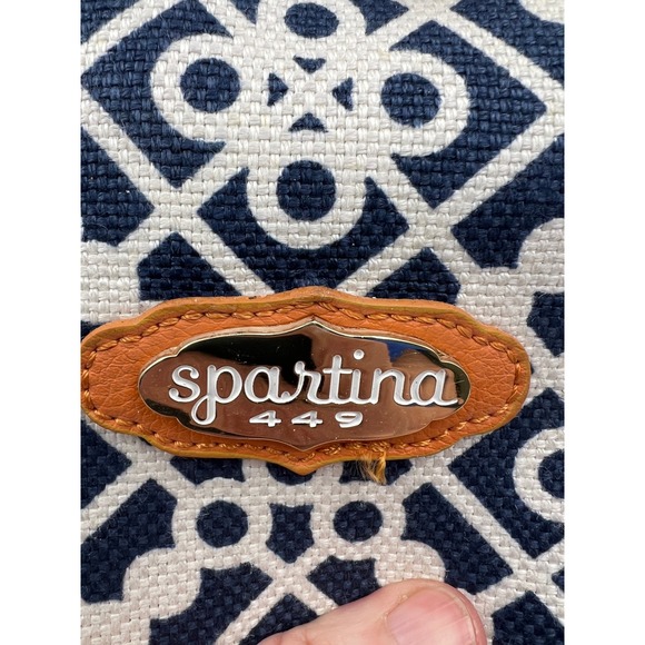 Spartina 449 Navy White Geometric Linen Leather Shoulder Bag Navy White Orange - Picture 7 of 16